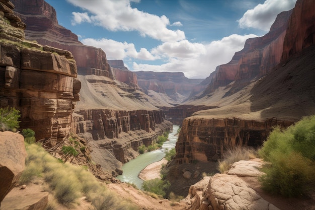 Cliffs overlooking a majestic canyon with waterfalls and wildlife created with generative ai