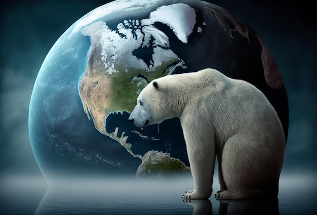 Climate change and global warming concept Polar bear and planet earth Generative ai