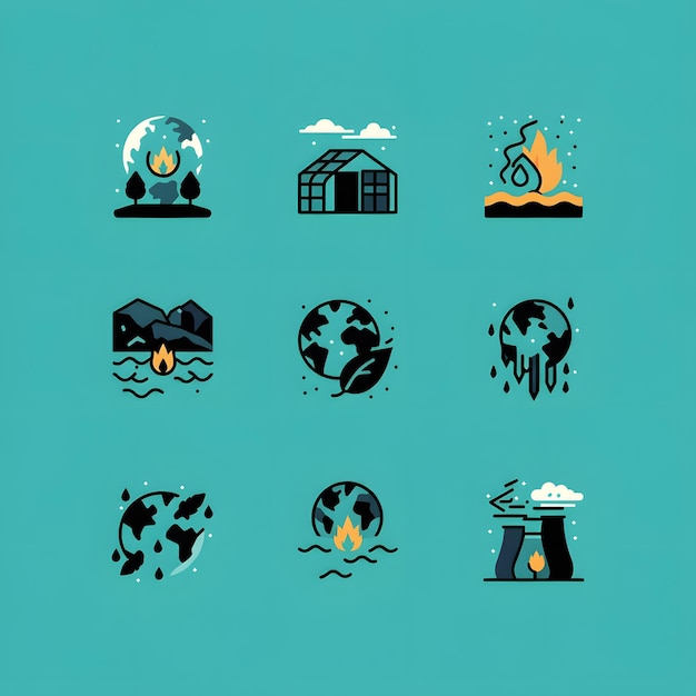 Climate change icon set Containing global warming greenhouse melting ice earth pollution