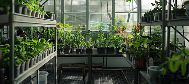 Climate Change Research in a Greenhouse with Various Plants and Scientific Equipment