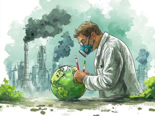 Photo climate change scientist analyzing globe with pollution markers cartoon illustration