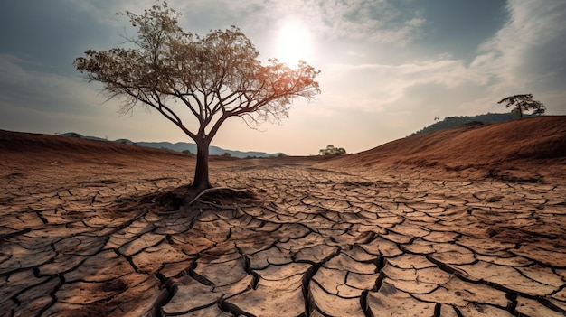 Climate change withered tree and dry earth