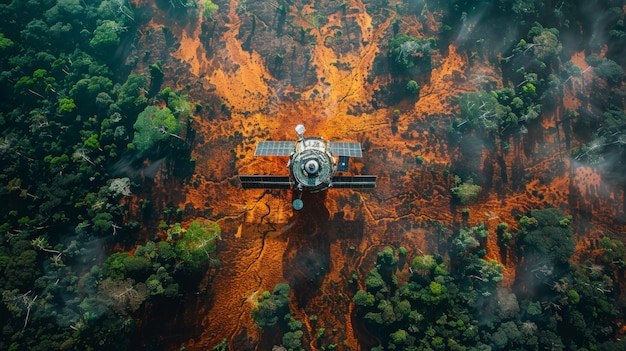 Photo a climate monitoring satellite capturing deforestation areas set against the vivid earth backdrop in sharp focus