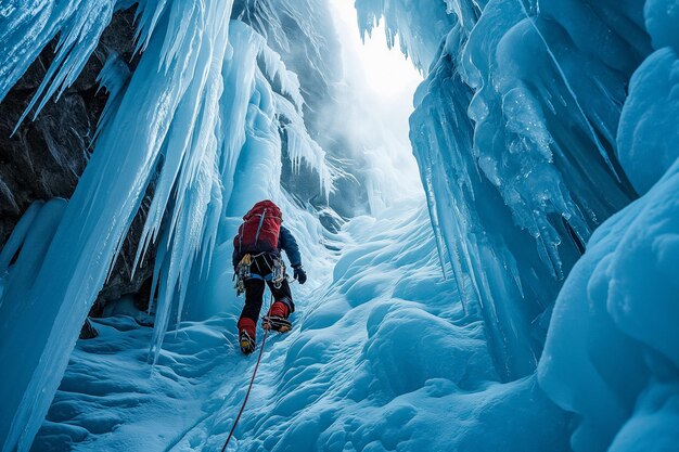 Photo a climber ascending an icy crevasse surrounded by massive icicles showcasing extreme winter sports a