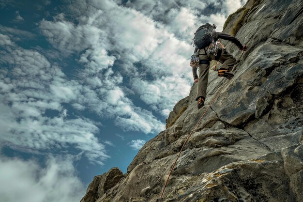 Climber ascending mountain cliff against cloudy sky