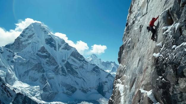 Climber ascending mountain face in the himalayas