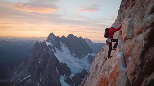 Climber Ascending a Mountain Ridge at Sunrise