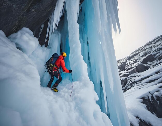 Photo a climber ascending a steep icecovered waterfall in norway