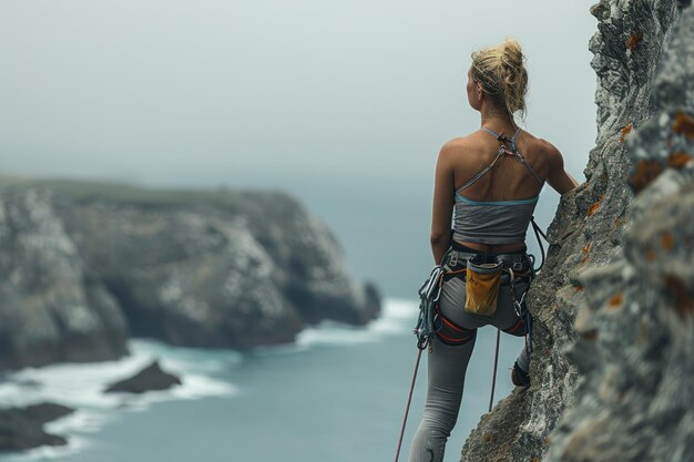 Photo climber on a cliff with ocean view