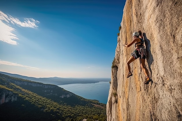 A climber on a cliff with a view of a lake in the background