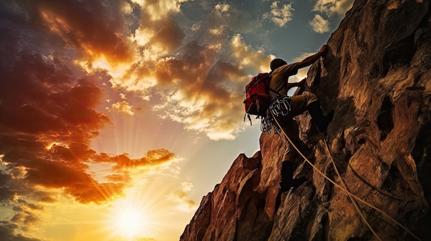 Climber on fiery rock face at sunset