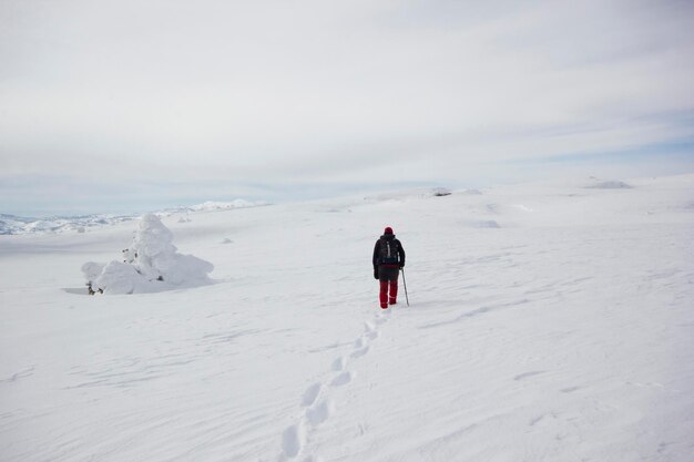 Climber man walking in the snow