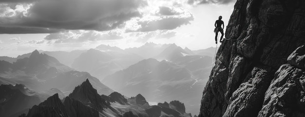 Photo climber on a mountain peak in a dramatic black and white landscape