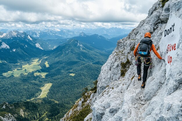 Photo climber on a mountain ridge with a motivational message