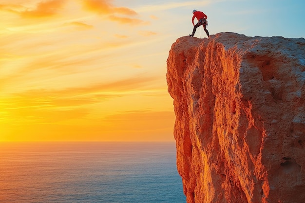 Photo climber rappelling down a challenging cliff face against an orange twilight sky at dusk