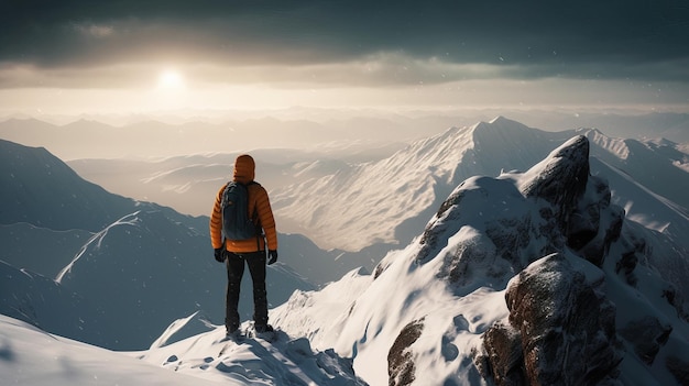 Climber in snowy mountains