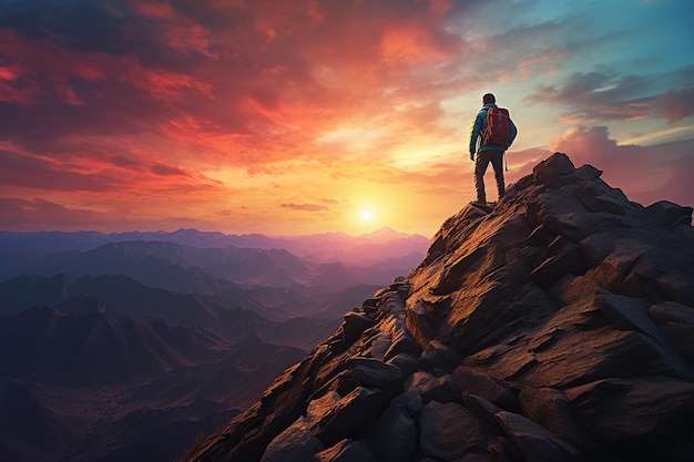 Climber Standing on the Top of a Rock Stone with Mountain Landscape View at Sunrise