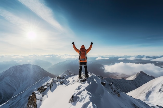 climber on the top of a mountain with his arms raised