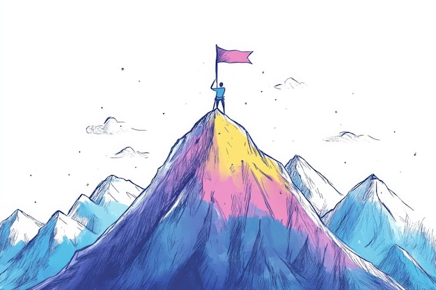 Photo a climber triumphantly reaches the summit of a snowcovered mountain while proudly holding a flag against a pastel sky backdrop