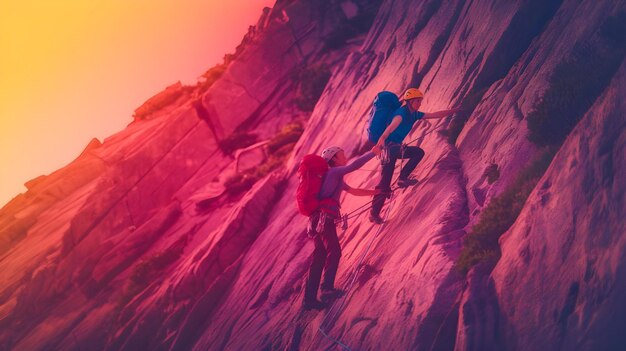 Photo climbers ascending a steep cliff face at sunset