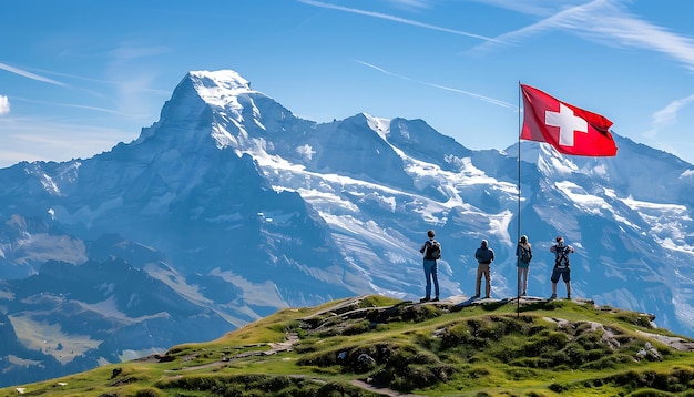 Climbers with Swiss flag on the top of the mountain