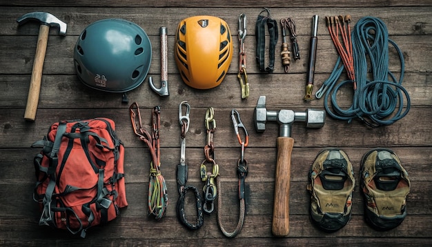 Photo climbing gear display helmet hammer carabiner trekking shoes on a rustic wooden surface