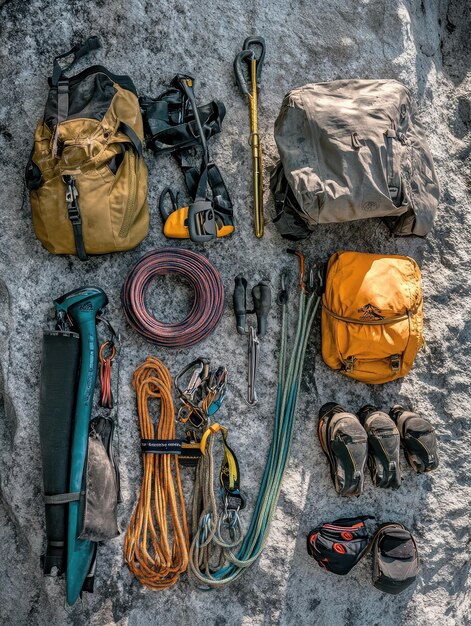 Photo climbing gear for scaling a challenging rock face