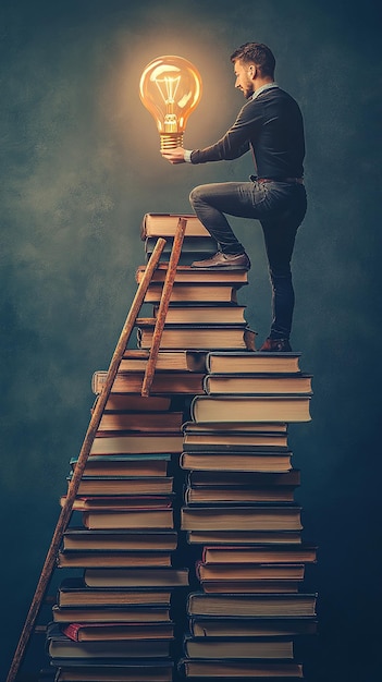 Climbing Ladder on Book Stack to Find Creative Lightbulb Solution