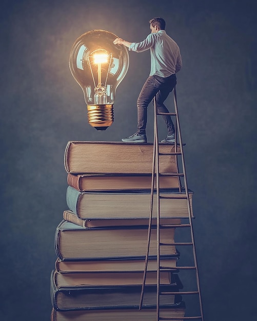 Climbing Ladder on Book Stack to Find Creative Lightbulb Solution