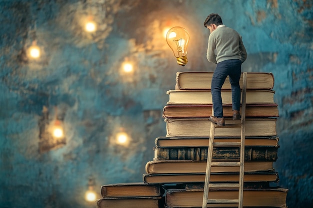 Photo climbing ladder on book stack to find creative lightbulb solution