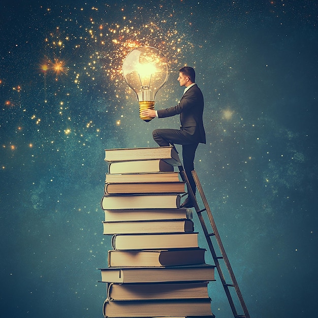 Photo climbing ladder on book stack to find creative lightbulb solution