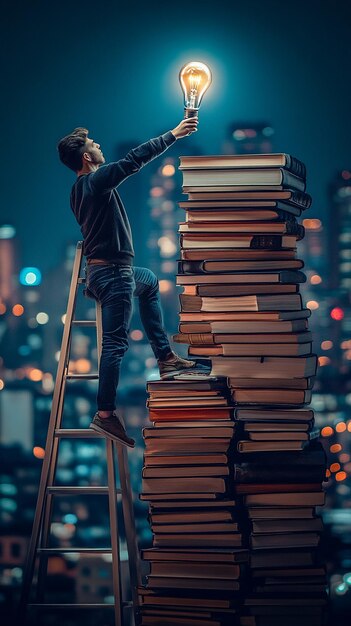 Photo climbing ladder on book stack to find creative lightbulb solution