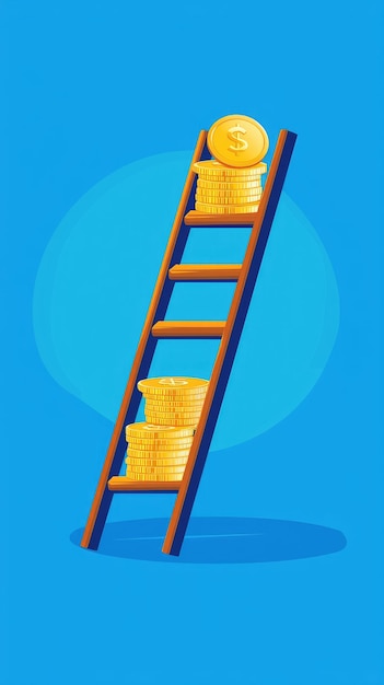 Photo climbing the ladder of success stacked gold coins symbolizing wealth and financial growth adorn each step signifying the journey to prosperity