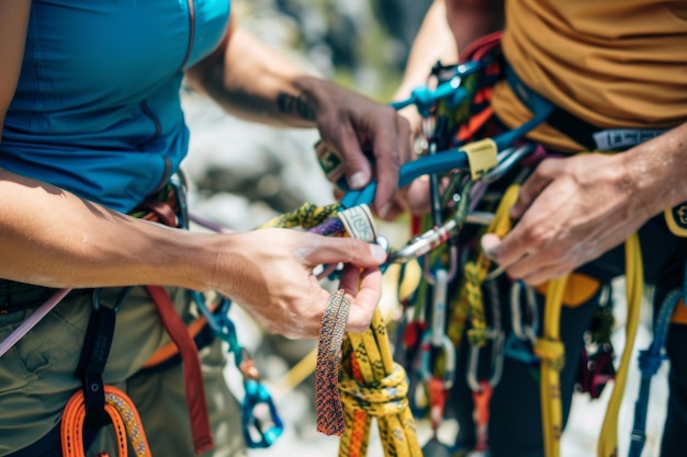 Climbing Safety Check Teamwork Preparing for a Rock Climb Adventure Securing Climbing Gear