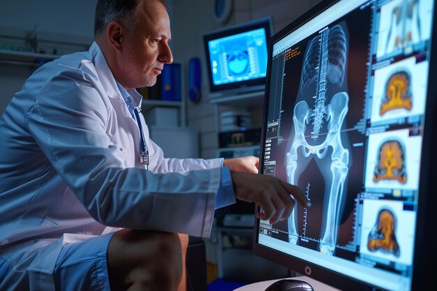 In the clinic an orthopedic physician performs an ultrasound on the patients knee The idea of arthritis bones and medical research Generative AI