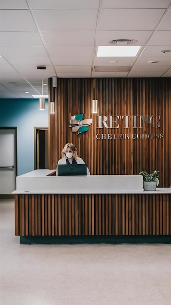 Clinical reception with wting room in facility lobby registration counter used for patients with m