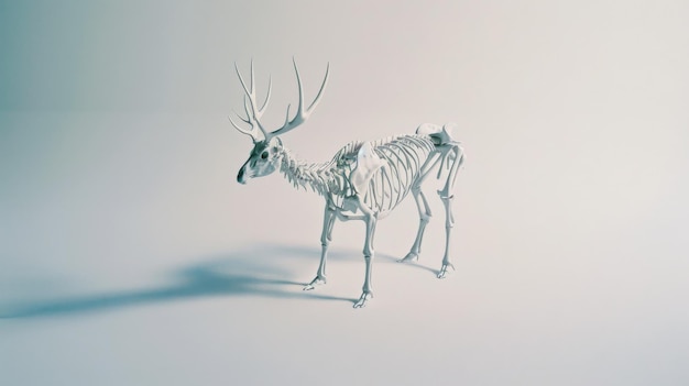 Photo a clinical white skeleton of a deer stands alone capturing the essence of life and death in stark simplicity