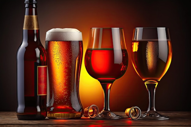 Clink of beer glasses across hardwood table in close up three glasses and two bottles of beer