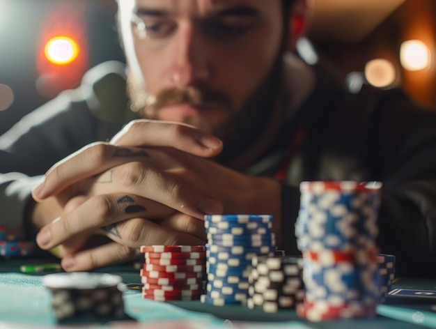 The clink of poker chips in a tense silence as a gambler contemplates a move that could change everything