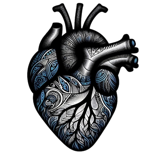 A clip art of a human heart with intricate patterns and designs in black and blue colors