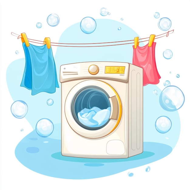 Photo clip art of a laundry room with a washing machine clothesline and soapy bubbles