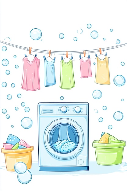 Photo clip art of a laundry room with a washing machine clothesline and soapy bubbles