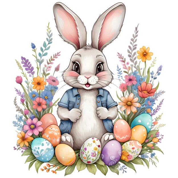 Clipart of an adorable bunny dressed with jeans jacket surrounded by flowers and easter eggs