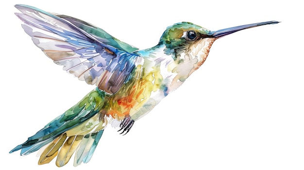 Photo clipart of beautiful hummingbird design in multicolor watercolor style flying