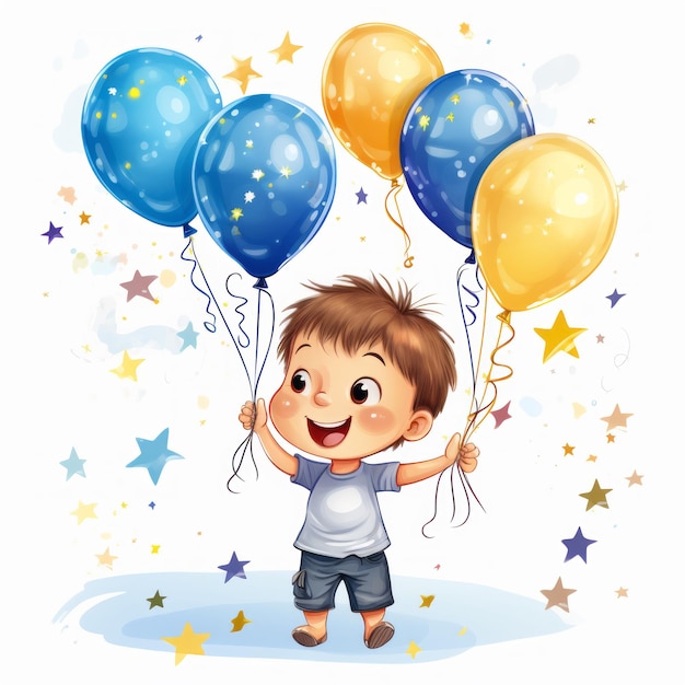 Clipart for children's birthday The boy holds balloons in his hands Illustration for postcards