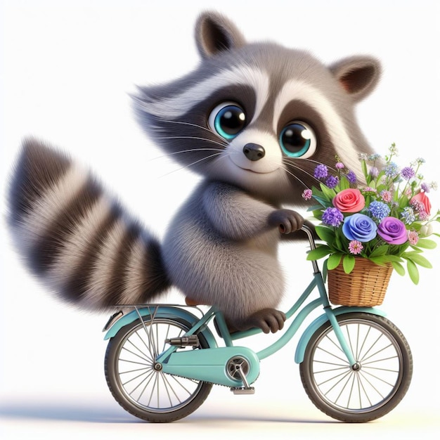 Clipart raccoon on a bike flowers card for mum