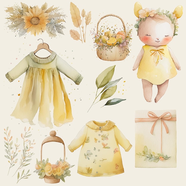 Clipart set watercolor baby clothes and flowers in yellow tones vintage