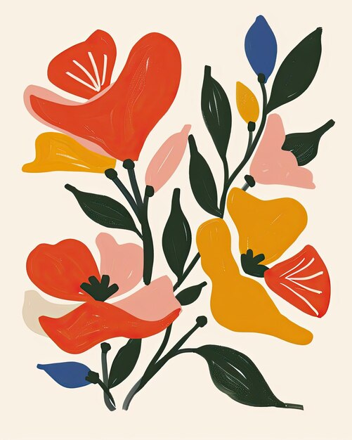 Clipart style boho flowers in the style of a matisse patining on a white background with margins cle