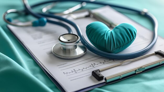 Clipboard adorned with a heart and stethoscope in aqua material