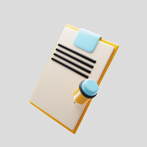 Clipboard icon with yellow pencil 3d rendering notepad icon 3d illustration